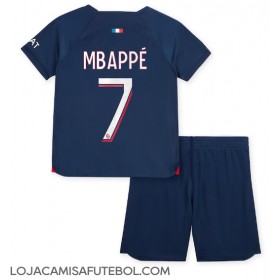 Camisa de Futebol Paris Saint-Germain Kylian Mbappe #7 Equipamento Principal Infantil 2023-24 Manga Curta (+ Calças curtas)